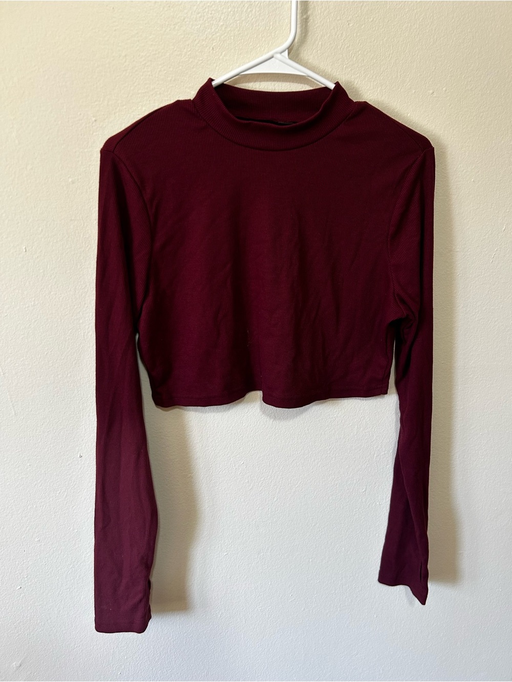 SHEIN Burgundy Long-Sleeve Cropped Mock Neck Top